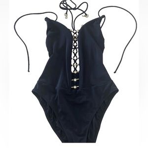 Gottex Monokini One Piece Swimsuit 6 Black Studded Faux glass diamond 13SA-035